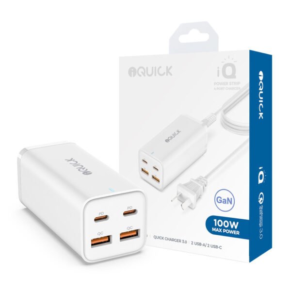 IQuick 100W 2*USB A 2*USB C 4 Port Charger Power Strip White