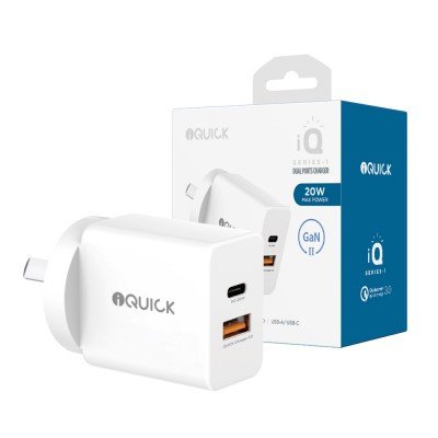iQuick GaN II 20W PD3.0+QC3.0 Dual Ports Charging Adapter-White