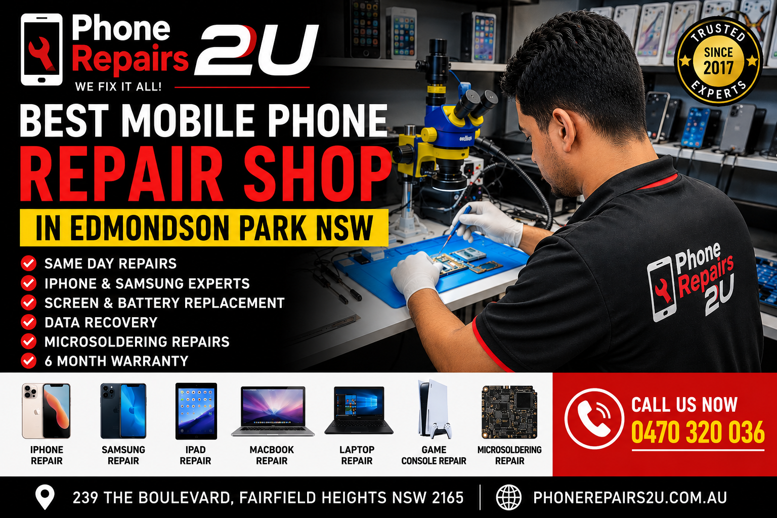 Best mobile phone repair shop in Edmondson Park NSW – Phone Repairs 2U technician repairing a phone with microscope